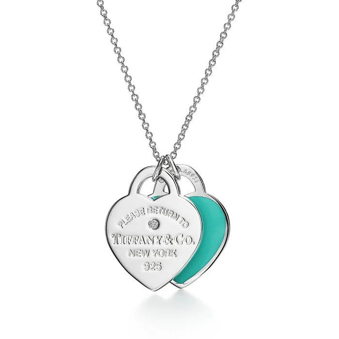 (Blue Enamel) Double Heart Tag Pendant Necklace 925 silver